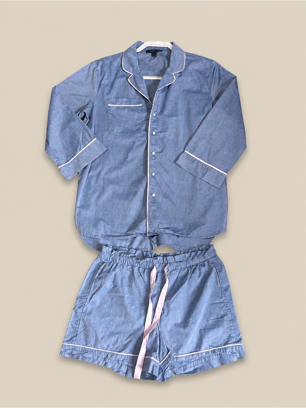 Ann Taylor Sleep Blue Chambray Pajama Set Pink Piping Top Shorts XS